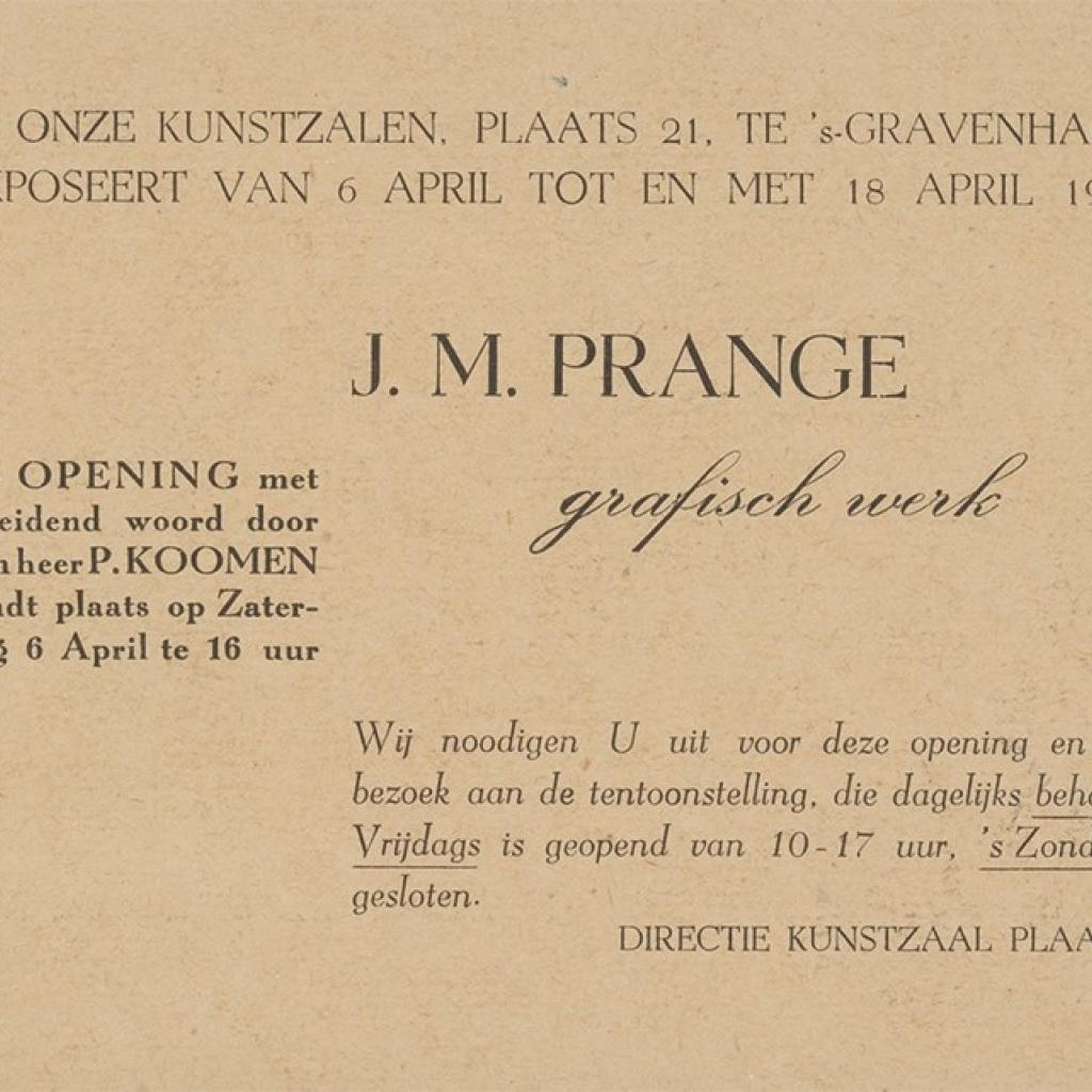 Uitnodiging voor een expositie van werk van Ko Prange in Kunstzaal Plaats te Den Haag, 1946, collectie RKD