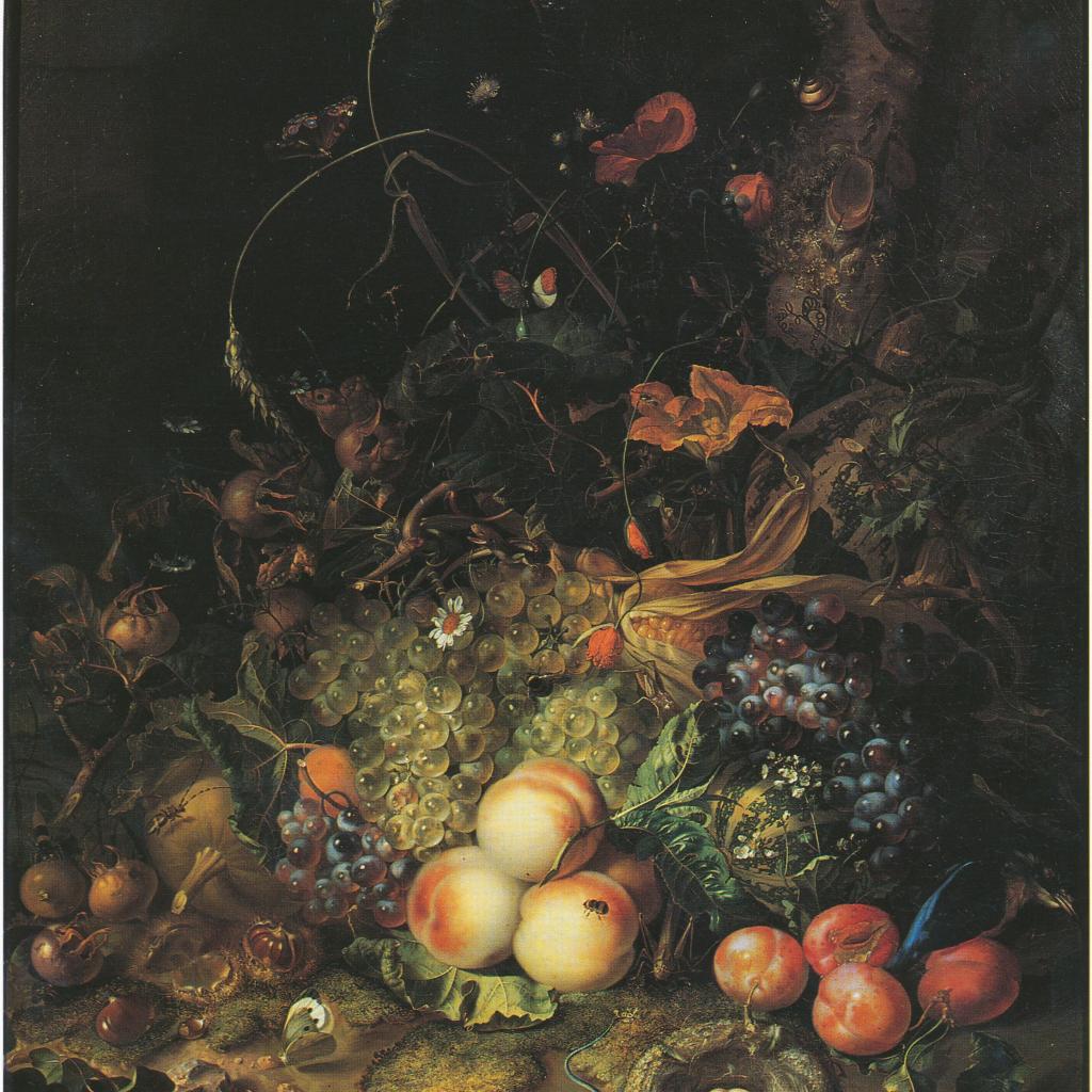 Fruit, bloemen, reptielen en insecten aan de rand van een bos, 1716 gedateerd.