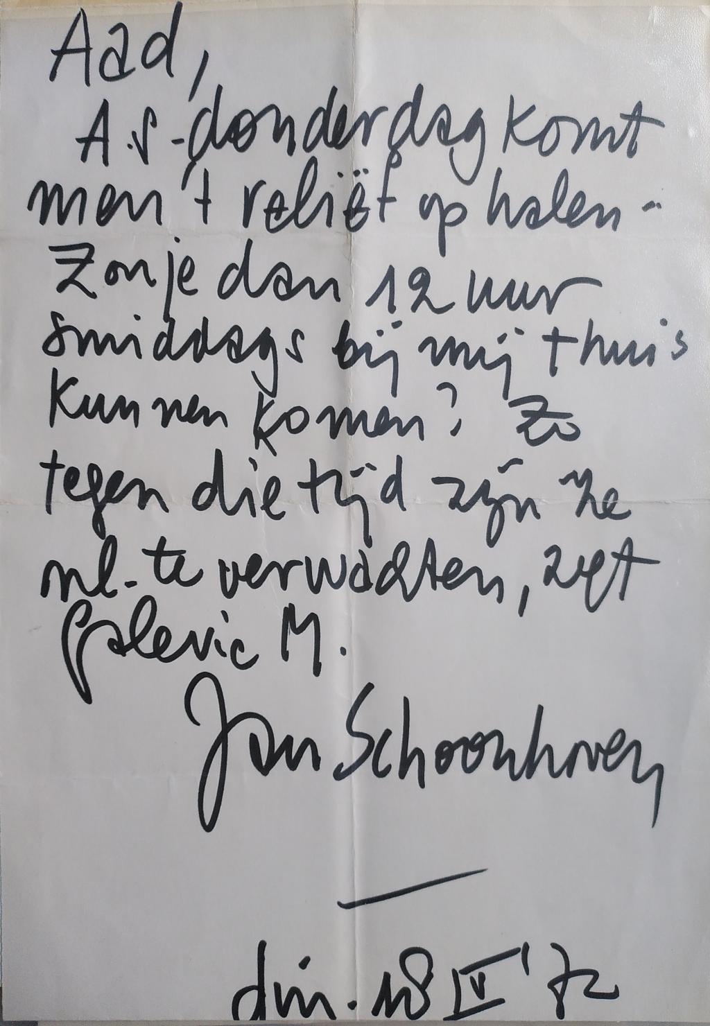 Briefje van Jan Schoonhoven aan Aad in ’t Veld