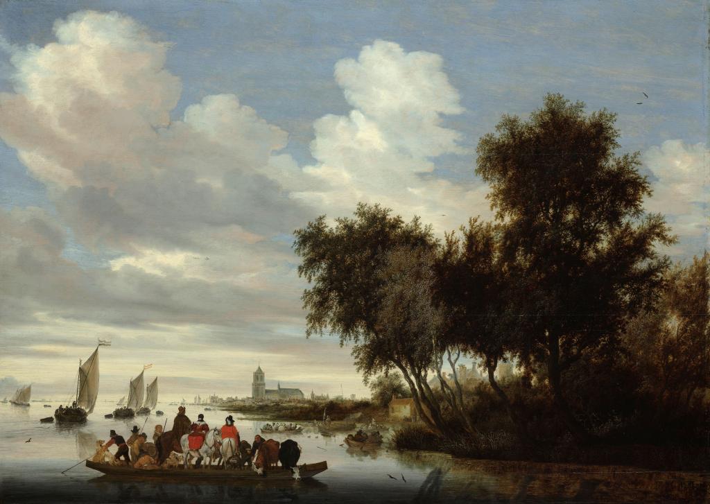 Schilderij van Salomon Ruysdael getiteld Rivierlandschap met een veerboot