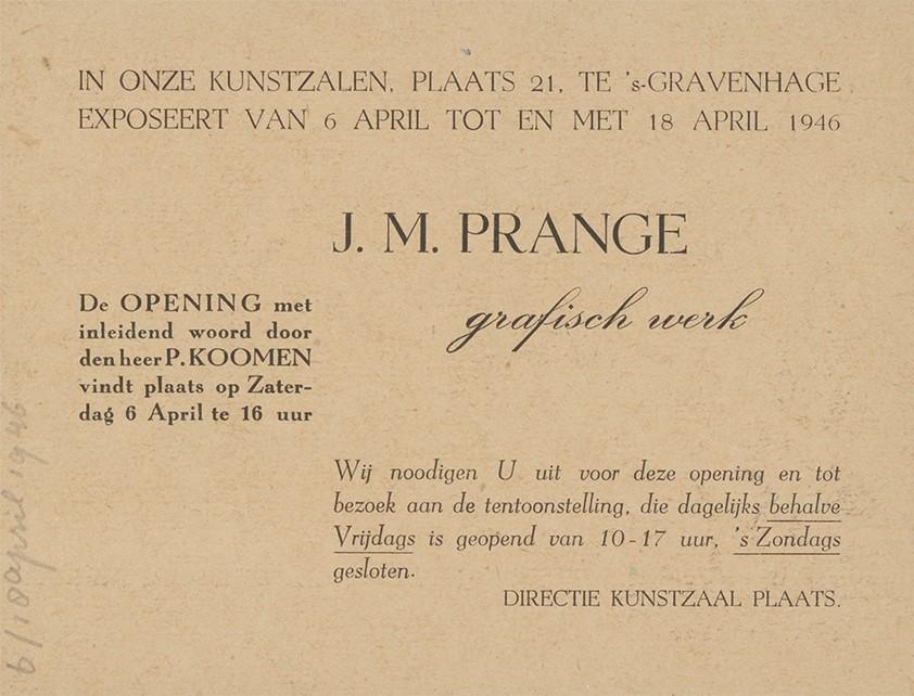 Uitnodiging voor een expositie van werk van Ko Prange in Kunstzaal Plaats te Den Haag, 1946, collectie RKD