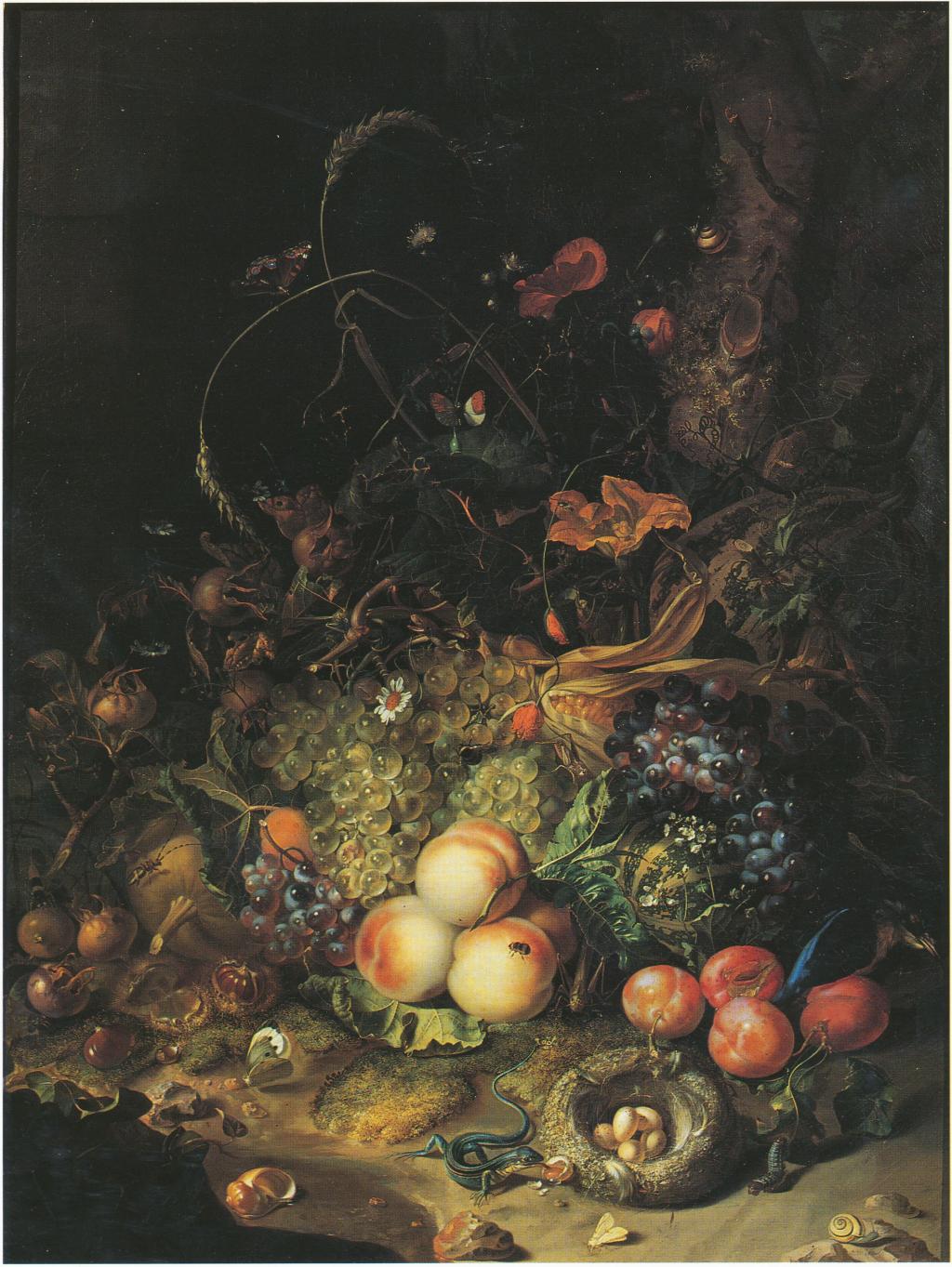 Fruit, bloemen, reptielen en insecten aan de rand van een bos, 1716 gedateerd.